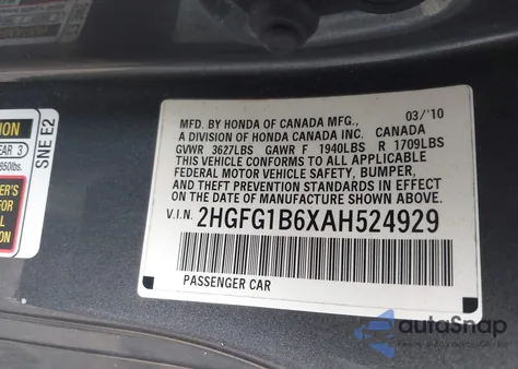 2010 Honda Civic Lx z USA, uszkodzony, nr VIN 2HGFG1B6XAH524929